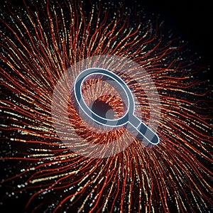 A luminous magnifying glass hovers over a swirling vortex of dynamic, light-filled lines photo