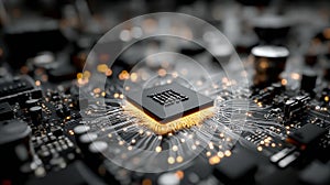 Luminous Microchip on Circuit Board: High-Tech Data Processing