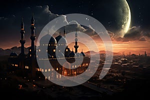 Luminous Mosque evening sky twilight. Generate Ai