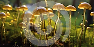 Luminous Mushrooms on Forest Floor at Dusk. Generative AI