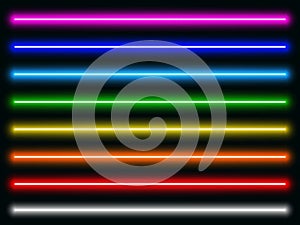 Luminous neon lines isolated, lights lines set in different rainbow colors, retro led neon lamp tube, glowing laser beams streaks