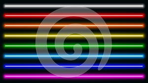 Luminous neon lines isolated, lights lines set in different rainbow colors, retro led neon lamp tube, glowing laser beams streaks