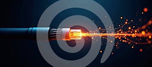 Luminous optical fiber cable for connection and data transmission at the speed of light, increasing data rates and data throughput photo