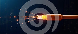 Luminous optical fiber cable for connection and data transmission at the speed of light, increasing data rates and data throughput photo