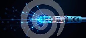 Luminous optical fiber cable for connection and data transmission at the speed of light, increasing data rates and data throughput photo
