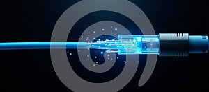 Luminous optical fiber cable for connection and data transmission at the speed of light, increasing data rates and data throughput photo