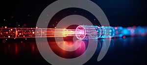 Luminous optical fiber cable for connection and data transmission at the speed of light, increasing data rates and data throughput photo