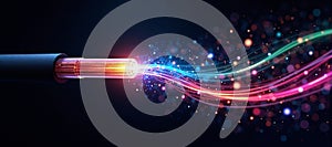 Luminous optical fiber cable for connection and data transmission at the speed of light, increasing data rates and data throughput photo