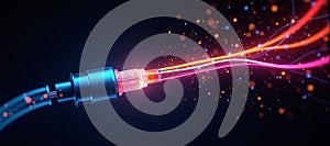 Luminous optical fiber cable for connection and data transmission at the speed of light, increasing data rates and data throughput photo