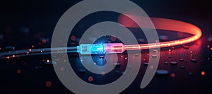 Luminous optical fiber cable for connection and data transmission at the speed of light, increasing data rates and data throughput photo