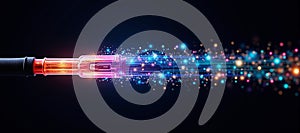Luminous optical fiber cable for connection and data transmission at the speed of light, increasing data rates and data throughput photo