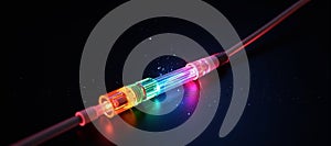 Luminous optical fiber cable for connection and data transmission at the speed of light, increasing data rates and data throughput photo