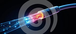 Luminous optical fiber cable for connection and data transmission at the speed of light, increasing data rates and data throughput photo