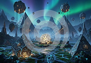 A luminous orb centralizes the scene, connected by glowing lines