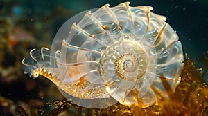 Luminous and otherworldly a translucent shell with delicate tendrils floating from its edges drifts lazily through the