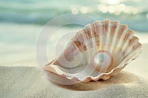 Luminous Pearl in Seashell on Sandy Beach with Ocean Backdrop