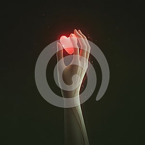 Luminous Pink Heart Shape Gently Held Between Cupped Hands in Darkness