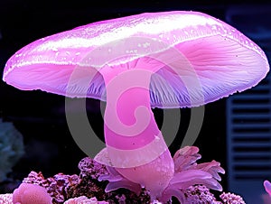 Luminous pink mushroom coral glows in the reef aquarium. photo