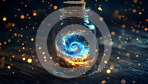 A luminous potion with a swirling galaxy inside
