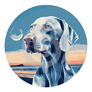 Luminous Seascapes: Grey Weimaraner Giclee Print In Tondo Style