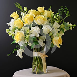 Luminous Shadowing: Bright Yellow Roses And White Orchids In A Clear Vase