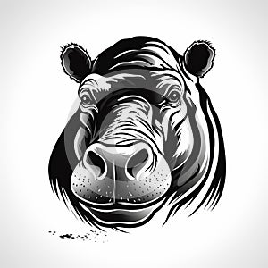 Luminous Shadowing: A Striking Black And White Hippo Head Illustration