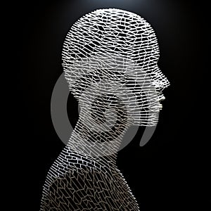 Luminous Shadows: Abstract Human Wire Head Installation In Pixelated Realism