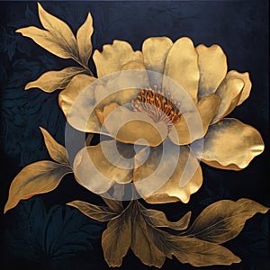 Luminous Shadows: Delicately Detailed Gold Peony On Blue And Black Canvas