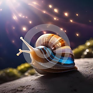 A luminous, space-faring snail-like creature with a spiral shell, leaving a trail of stardust behind2