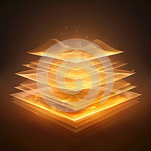 Abstract golden layers with geometric patterns and luminous glow for data visualization