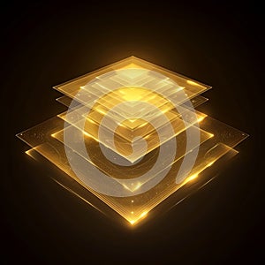 Abstract golden layers with geometric patterns and luminous glow for data visualization