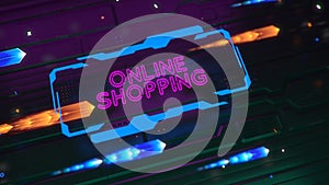 A luminous tech sign with the inscription ONLINE SHOPPING. abstract technology background. Depth of field and glow effects. 3d