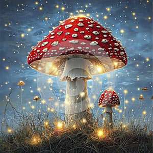 Luminous Toadstools in a Glowing Night Field