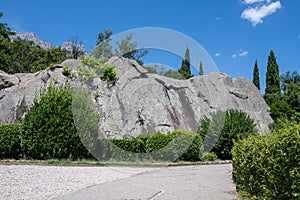 Lump of gabbro diabase - stone, tourist attraction in Vorontsovsky Park, Crimea photo