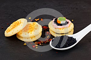 Lumpfish caviar and Homemade pancake canape