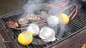 Lumps grilled polenta and sheepmeat cooked on the grill