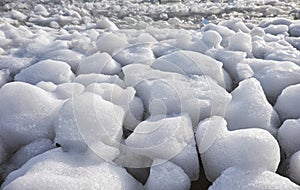 Lumps of snow and ice frazil on the surface of the freezing rive