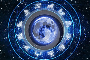 Luna or Moon with stars and blue Universe and zodiac symbols