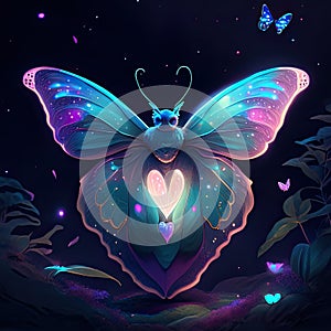 Luna Moth hugging heart Butterfly with heart shaped wings. Vector illustration in neon style. generative AI animal ai