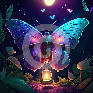 Luna Moth hugging heart Night butterfly with a lamp in the forest. 3d illustration. AI generated animal ai