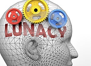 Lunacy and human mind - pictured as word Lunacy inside a head to symbolize relation between Lunacy and the human psyche, 3d