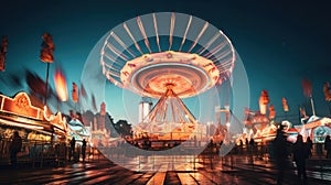 Lunapark merry go round in motion, streaks of blue in the night.