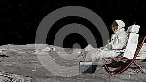 Lunar astronaut drinking beer sitting in easy beach chair on Moon surface, enjoying view of Earth.