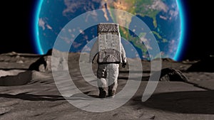 Lunar Astronaut In Space Suit Walking On the Moon. Planet Earth Is Visible. 3d rendring animation