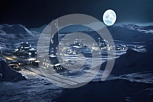 lunar base illuminated under earthrise backdrop photo