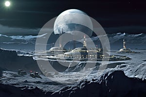 lunar base illuminated under earthrise backdrop