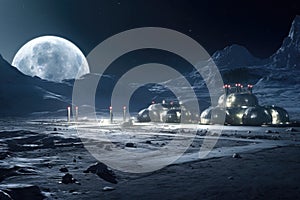 lunar base illuminated under earthrise backdrop