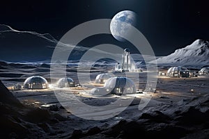 lunar base illuminated under earthrise backdrop