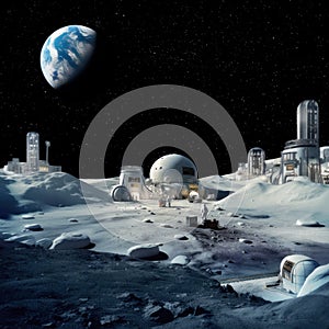 Lunar base in a not-so-distant future, featuring astronauts, futuristic buildings, and the Earth in the starry sky. Generative AI