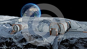 Lunar base, spatial outpost. First settlement on the moon. Space missions. Living modules for the conquest of space. photo